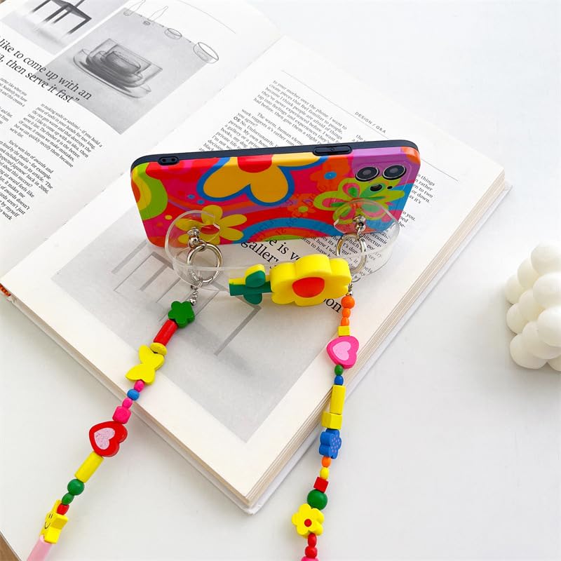 Lanyard Case Compatible with iPhone 15 Pro Max Case,Crossbody case with Strap and Wrist Band,Unique Cute Kawaii Colorful Painting Flowers Design for Girls and Women - color: For iPhone 15 Pro Max