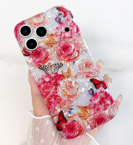 Qokey Compatible with iPhone 17 Pro Max Case 6.9", Cute Clear Flowers Design for Girls Women Shell Pattern Soft Bumper Lightweight Slim Fit TPU Shockproof Phone Cover, Rose Butterfly - color: Rose Butterfly