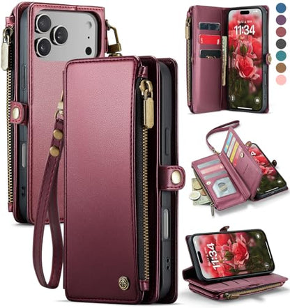 Defencase for iPhone 17 Pro Max Wallet Case with RFID Card Holder, Wine Red | Durable Soft PU Leather, with Zipper Pocket, Wrist Strap, Fashion Snap Flip Phone Cases Cover with Stand for Women and Men - color: Wine Red