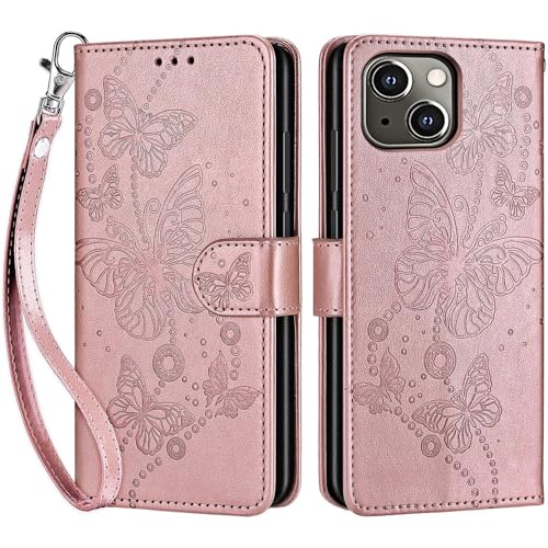 for iPhone 13/14 Wallet case, Rose Gold-Butterfly | 3 Card Holders, Kickstand, Shockproof TPU Shell, PU Leather, Magnetic Closure, Protective Flip Folio Cover, Women - color: 6