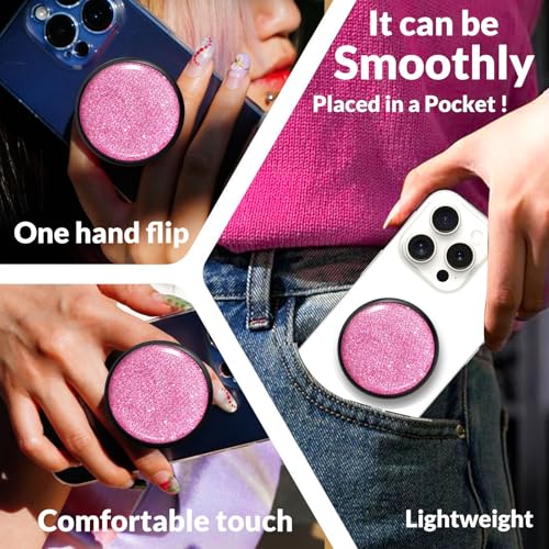 Adhesive Phone Grip,Soft Silicone Cell Phone Stand Collapsible Holder for iPhone and Smartphone - Glitter Pink