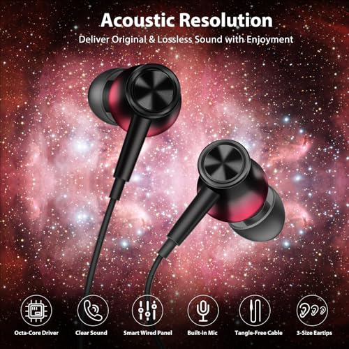 Jiunai Wired Earbuds 3.5mm Headphones in Ear Built-in Mic Red Black