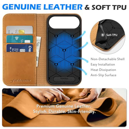 SHIELDON Real Leather Wallet Case for iPhone Air 6.5", Retro Light Brown | Folio Magnetic Closure, RFID Blocking, Credit Card Holder, Kickstand, Shock Absorbing Protective Cover - color: Retro Light Brown