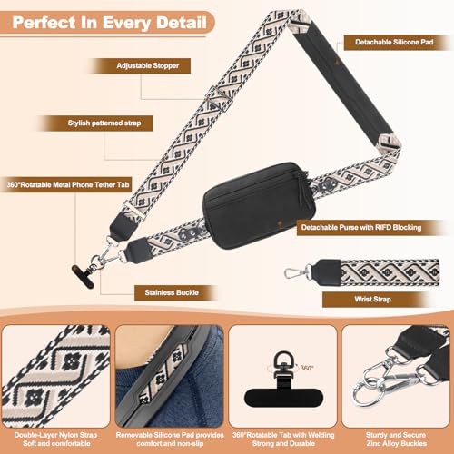 YFWE Clip and Go Strap for Phone with Wallet Crossbody, Adjustable Phone Lanyard with Detachable RFID Wristlet Wallet, Pattern Strap - Black (L) - color: Black-pattern Strap, size: Large