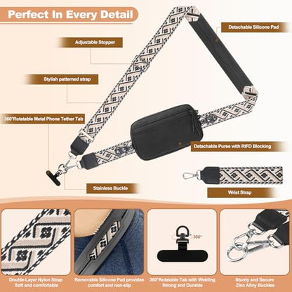 YFWE Clip and Go Strap for Phone with Wallet Crossbody, Adjustable Phone Lanyard with Detachable RFID Wristlet Wallet, Pattern Strap - Black (L) - color: Black-pattern Strap, size: Large