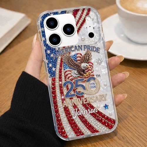 American Pride Anniversary Personalized Clear Phone Case, Gift for Patriots Custom Name Protective Cover 1776 USA Flag Decor Birthday Present for Men Women Holiday Independence Day