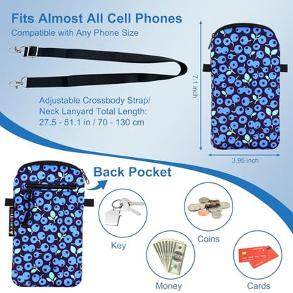 Lanyard Phone Holder Pouch, Phone Bag with Pocket for iPhone & Samsung - color: Blueberry