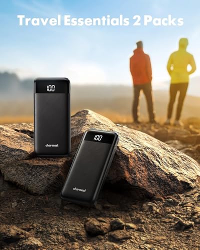 charmast 2 Pack Portable Charger, 10000mAh Power Bank Built-in Cables - color: Black+Black