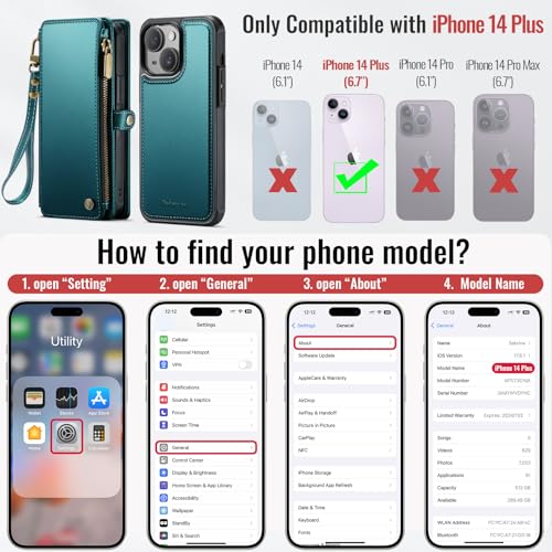 Defencase for iPhone 14 Plus Case Wallet Compatible with Magsafe, Blue Green - color: (Detachable with Magsafe)-Blue Green