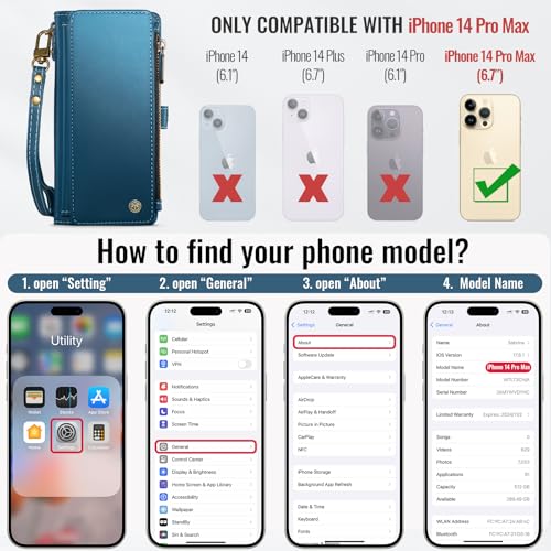 Defencase for iPhone 14 Pro Max Wallet Case with RFID Card Holder, DarkBlue | Durable Soft PU Leather, with Zipper Pocket, Wrist Strap, Fashion Snap Flip Phone Cases Cover with Stand for Women and Men - color: Dark Blue