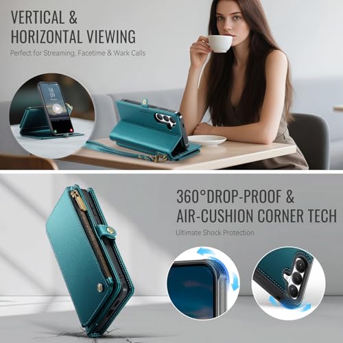 Defencase for Galaxy S26 Case Wallet Compatible with Magsafe, Blue Green | Magnetic Detachable, with RFID Bolcking Card Holder, Zipper Strap, PU Leather Drop-Proof Phone Cover for Samsung Galaxy S26 - color: (Detachable with Magsafe)-Blue Green