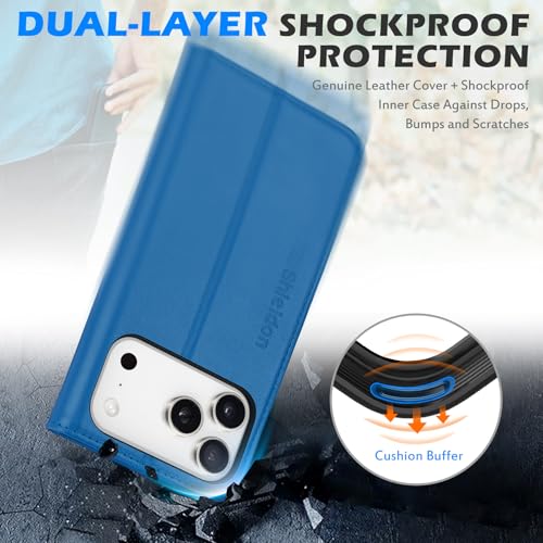 SHIELDON Genuine Leather Wallet Case for iPhone 17 Pro Max, Sapphire Blue | Magnetic Closure, RFID Blocking, Credit Card Holder, Kickstand, Folio Design, Shockproof Phone Cover for Men Women - color: Sapphire Blue