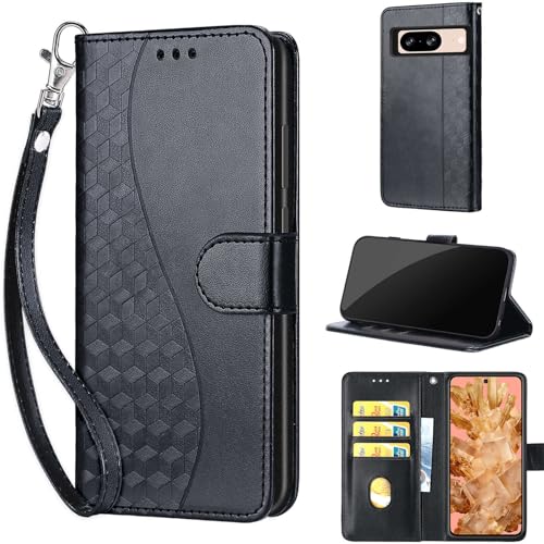 Wallet Case for Google Pixel 8, Black | Women Flip Folio Cover, Embossed PU Leather, Stand, Credit Card Holders Slots, Wrist Strap - color: 3