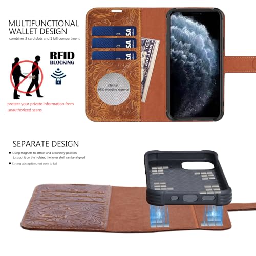 Leather Case Compatible with iPhone14 Wallet 6.1" Dark Brown | Genuine Leather 2-in-1 Magnetic Detachable Shockproof,Flip Folio Cover with Card Slot,RFID Blocking] Brown - color: Dark Brown, size: 6.1"-14
