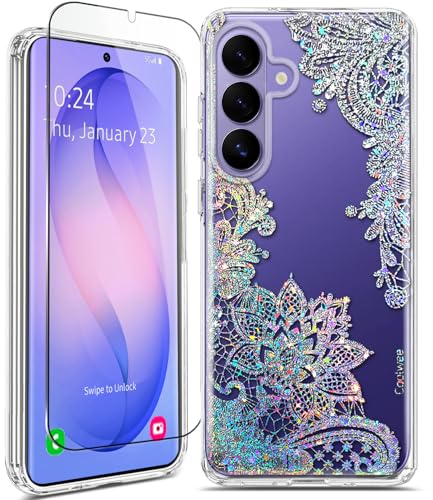 Clear Glitter for Samsung Galaxy S26 Plus Case 6.7 inch, Shockproof Thin Flower Slim Cute Crystal Lace Bling Women Hard Back Soft TPU Bumper Protective Cover for Samsung S26 Plus Mandala Henna - color: Clear with Bling Lace, size: 6.7 inch (for S26 Plus)