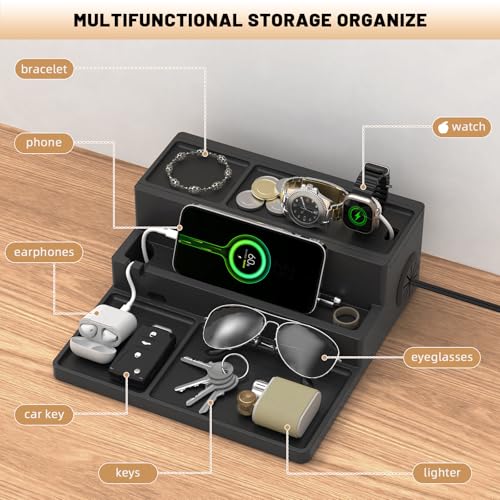 Valet Tray, Nightstand Organizer with Charging Station - color: Classic Black