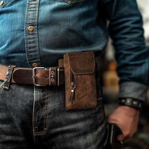 Leather Village Genuine Leather 7”x3.5” Phone Holster Pouch with Belt Clip, Magnetic Closure, ID Card Holder - Brown Universal Case for iPhone, Samsung Galaxy, Google Pixel - color: Distressed Brown