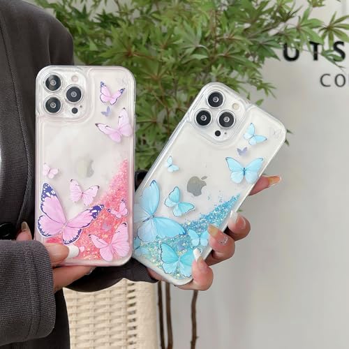 Compatible with iPhone 16 Pro Max Glitter Butterfly Case Glow in The Dark Women Girls Girly Bling Sparkle Flowing Quicksand Light up Case Soft TPU Bumper Luminous Clear Phone Cover, Blue - color: Blue, size: iPhone 16 Pro Max