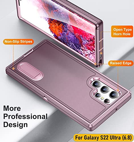 Case is Specially Designed for Galaxy S22 Ultra 6.8 Inch, Full Body Protection Heavy Duty Shock Absorbing 3 in 1 Silicone Rubber Built-in Stand with 1 Tempered Screen Protectors-Wine/Pink - color: Wine/Pink
