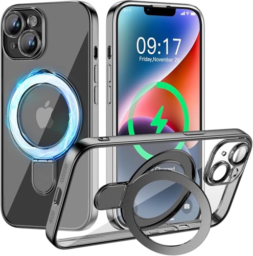 Magnetic for iPhone 14 Case with Invisible Stand[Compatible with MagSafe][Full Camera Lens Protector][Military Drop Protection] Shockproof Not Yellowing Clear Slim Soft for Women Men - color: Black, size: iPhone 14