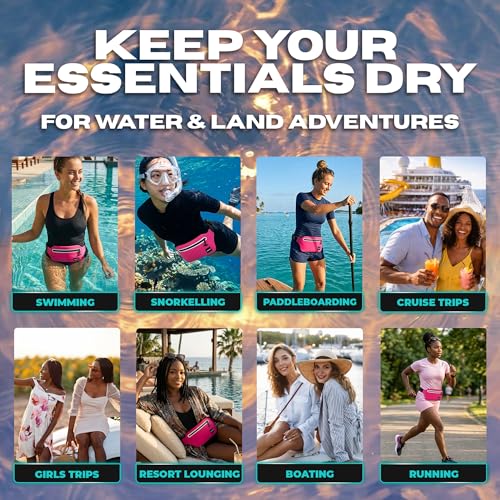 Drench Waterproof Fanny Pack & Floating Phone Pouch | IPX8 Submersible Waist Pack Dry Bag for Beach, Pool, Cruise Travel, Girls Trips, Snorkeling, Kayaking & Water Sports | Pink - color: Hot Pink