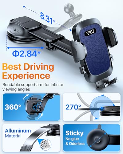 YRU [2026 Ultimate Car Phone Holder Mount [Bendable & Adjustable Aluminum Arm] Cell Phone Holder for Car Dashboard Windshield Phone Stand for iPhone 17 16 15 14 Pro Max Samsung Pickup Truck, Dark Blue - color: Dark Blue