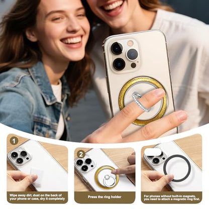 Transparent Shiny Magnetic Phone Ring Holder,360° Rotatable Removable Phone Grip,Clear Gold Sparkle Diamond Stylish Design Compatible with All Phones & Tablets - color: Clear Gold 1