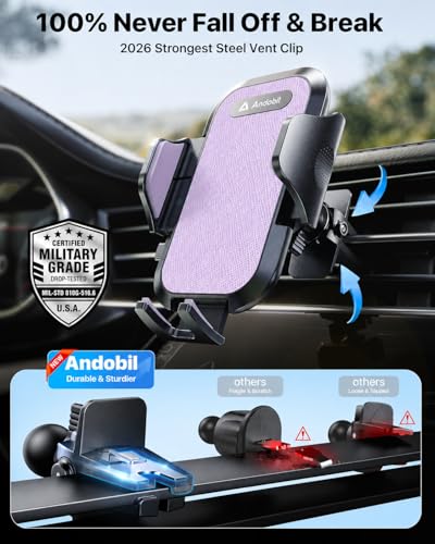 andobil 2026 Upgraded Car Phone Holder Mount, Military-Grade Phone Holders for Your Car Vent Stable Metal Clip Universal 360° Cell Phone Car Mount for iPhone 18 Pro Max 17/16/15/14/13/ Samsung, Purple - color: Purple