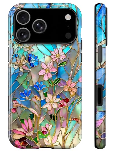 Generic Case for iPhone 17 Pro Max,Stained Glass Bloom Flower Phone Case Drop Resistant Glossy 2 in 1 Solid Dual-Layer Cover for Girl Women - color: Stained Glass Bloom Flower, size: for iPhone 17 Pro Max