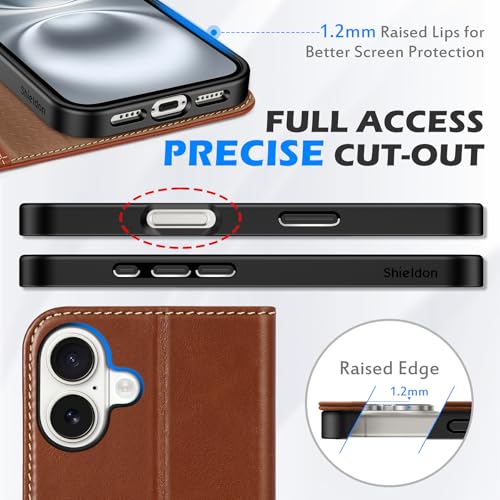 SHIELDON Genuine Leather Case Wallet for iPhone 16 Plus 6.7", Retro Brown | Genuine Leather, Folio Magnetic Closure, RFID Blocking, Credit Card Holder, Kickstand, Soft Shock Absorbing Protective Cover - color: Retro Brown