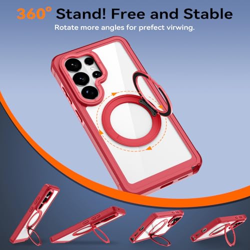 Magnetic for Samsung Galaxy S26 Ultra Case, Compatible with MagSafe, Full Body Rugged Case with Built-in Screen Protector & Kickstand & Belt-Clip (Red) - color: Red