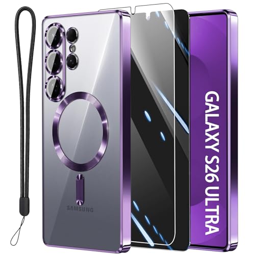 Magnetic for Samsung Galaxy S26 Ultra Case with 2X Screen Protector & Full Camera Cover [Fit for MagSafe] Metal Glossy Soft Shockproof Clear Case for Galaxy S26 Ultra Girl Women-Purple - color: Purple, size: for Samsung Galaxy S26 Ultra