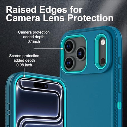 YKHJKLEC for iPhone 17 Pro Case, Military Grade 3 in 1 Heavy Duty Shockproof/Drop Proof/Dust Proof Case with 2Pcs Tempered Glass Screen Protector (Blue/Turquoise) - color: Blue/Turquoise