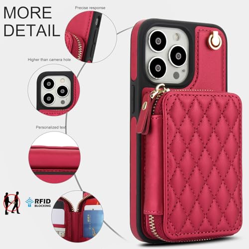 Phone Case for iPhone 14 Pro 6.1 inch Wallet Cell Cover with Tempered Glass Screen Protector Wrist Crossbody Strap RFID Blocking Card Holder TPU iPhone14Pro 5G i i-Phone i14 iPhone14 4 14Pro Women Red - color: Red
