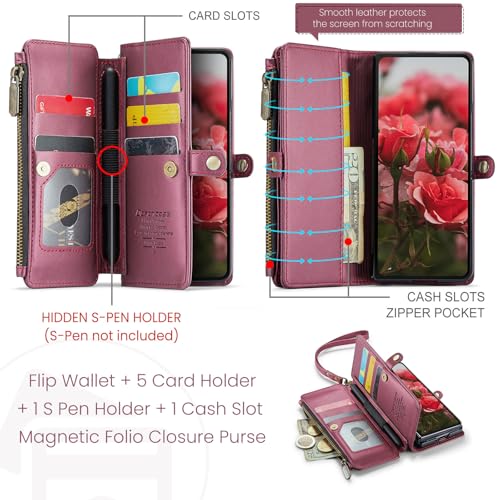 Defencase for Samsung Galaxy Z Fold 6 Wallet Case with Card Holder, WineRed | Durable Soft PU Leather, RFID Blcking Zipper Pocket, with S-Pen Holder & Strap, Flip Phone Cases with Stand for Women Men - color: Wine Red