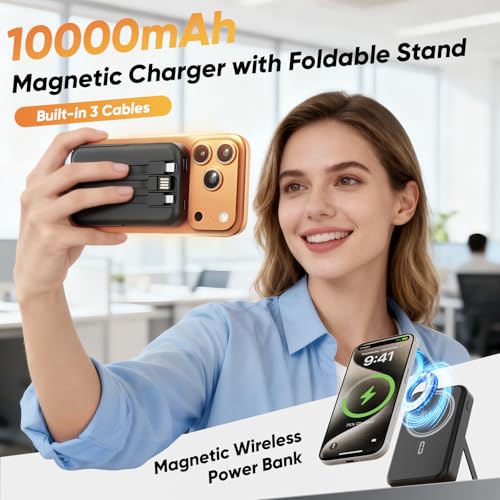 Power Bank 10000mAh Compatible with MagSafe, Magnetic Portable Charger with Digital Display, 15W Wireless Fast Charging, Built-in 3 Cables Compatible with iPhone 17/16/15/14/13/12 Series (White) - color: White