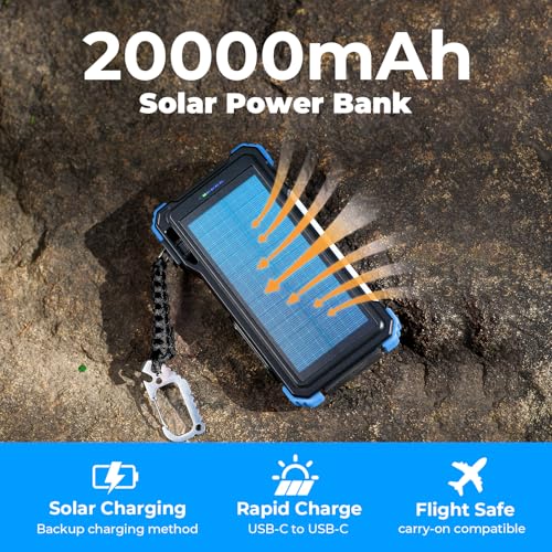 BLAVOR Solar Power Bank 20000mAh, Wireless Charger for Phones & Apple Watch - color: Blue