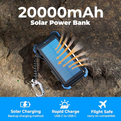 BLAVOR Solar Power Bank 20000mAh, Wireless Charger for Phones & Apple Watch - color: Blue