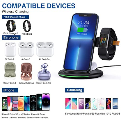 3 in 1 Wireless Charger for Fitbit Charge 6/5/Fitbit Luxe,Wireless Charging Station Compatible for iPhone 14/12 Pro Max/13/11/8, for Samsung Galaxy S22+ S22, for AirPods Pro/3 (Black)