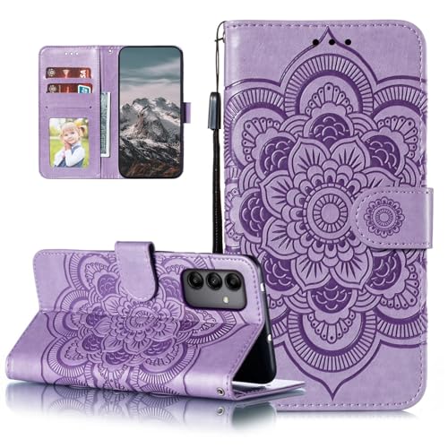 EYZUTAK Case for Samsung Galaxy A16 4G/5G, Premium Leather Magnetic Closure Flip Wallet Phone Case with Card Holder Cash Slot Stand Function Embossed Mandala Flower Shockproof Lanyard Cover - Purple - color: Purple, size: Samsung Galaxy A16 4G/5G