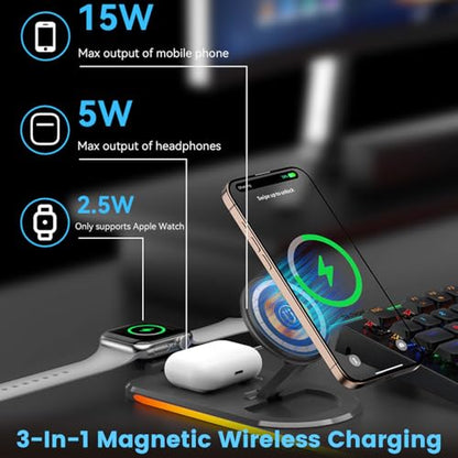 3 in 1 Mouse Pad with Wireless Charging, 31.5"x11.8" Mouse Pad RGB with Magnetic Wireless Charging,15 Light Modes,Non-Slip Base,Waterproof Keyboard Pad, Black