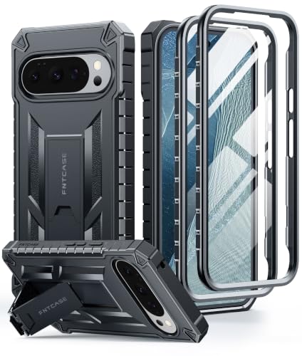 FNTCASE for Google Pixel 10/10 Pro Case with Kickstand Black | Built-in Screen Protector, 2 Front Frames, 20FT Military-Grade Drop Protection, Heavy Duty Shockproof TPU Rugged Cover Black - color: Black, size: For Pixel 10/10 Pro 6.3 Inch