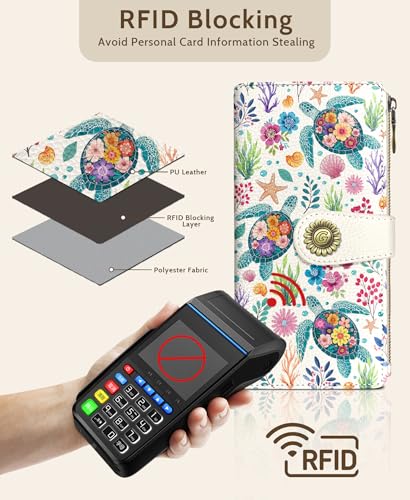 GIANCOMICS Sea Turtle Women Wallet RFID Blocking, Credit Card Holder Bifold | Billfold, Cute Cash Purse, Travel Zipper Coin Pocket, Compact Clutch, PU Leather, ID Window, 11 Card Slots, Ladies Gift Woman - color: Sea Turtles with Flowers