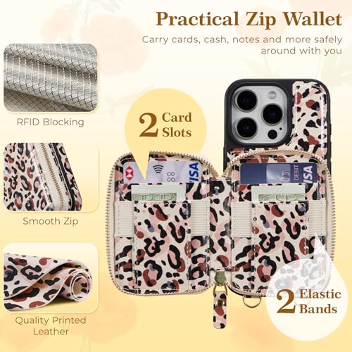 ZCDAYE Zipper Crossbody Wallet Case for iPhone 16 Pro, Leopard Print | Flip Folio PU Leather, Practical Card Holder, Adjustable Lanyard Strap, RFID Blocking, Retro Leopard Girly Phone Case - color: Leopard print, size: iPhone 16 Pro