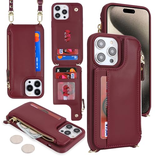 Cavor for iPhone 15 Pro Max Wallet Case with Card Holder Women, Wine red | for iPhone 15 Pro Max Case with Strap,Crossbody and Wristlet Zipper Pocket Phone Cover - color: B-Wine red
