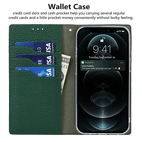 iCoverCase Compatible with iPhone 13 Pro Wallet Case, RFID Blocking Genuine Leather Magnetic Case with Wrist Strap and Card Slots Kickstand Feature Flip Cover 6.1 Inch (Green) - color: Green, size: iPhone 13 Pro
