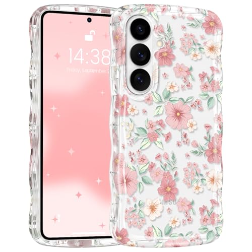 RALEAVO for Samsung Galaxy S26 Plus Case Cute Floral Acrylic Cover,Pink | Cute Flowers Pattern Design,Clear Curly Wave Frame Cover for Women,Hard Acrylic Shockproof Anti-slip Case for S26 Plus - color: Clear/Pink Flowers, size: For S26 Plus