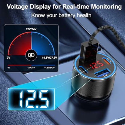 USB C Car Charger for iPhone 17, 65W 4-Port Voltmeter Car Charger Adapter - color: Black