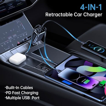 4 in 1 Retractable Car Charger, 69W Fast Charging USB C Car Charger with 2 Built-in Cables & Dual Ports, Multi Port Car Phone Charger Adapter for iPhone 17/16/15, Tablets, Android - color: Black Dual Cable