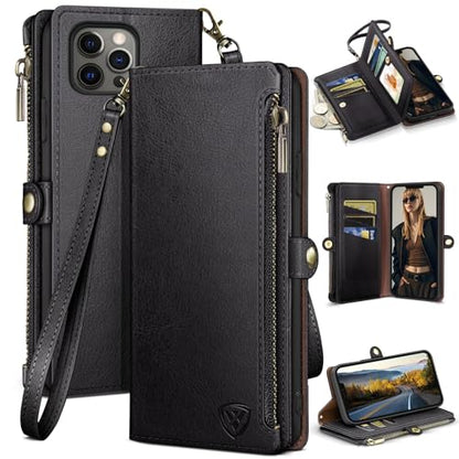 XcaseBar Compatible with iPhone 13 Pro 6.1" Wallet case with Zipper Credit Card Holder【RFID Blocking】,Flip Folio Book PU Leather Phone case Shockproof Cover Men Women for Apple 13 Pro case Black - color: Black